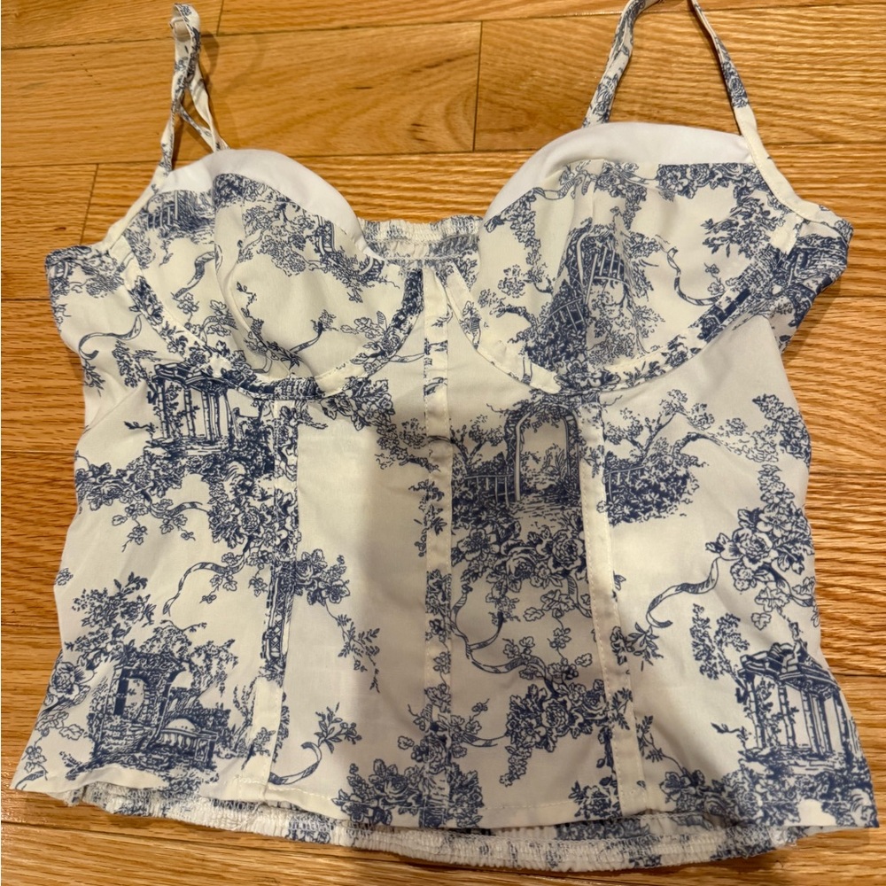 SHEIN White and Blue Toile Bustier Camisole